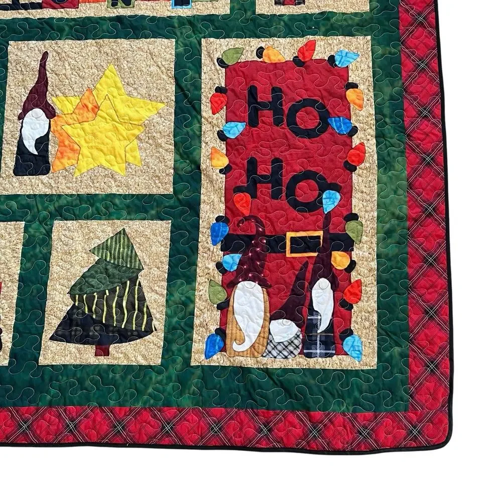 Christmas Gnome Patchwork Quilt Coverlet 92x78 Handmade Folk Art Bedspread